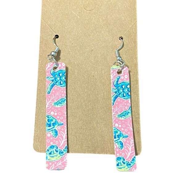 Sea Turtles Bar Dangle Drop‎ Earrings Pink Teal - Picture 1 of 5